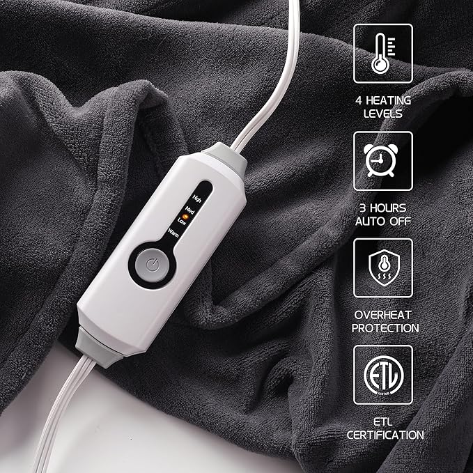 Electric Heated Blanket 50"x60" Throw Size, Soft Coral Fleece with 4 Heating Levels and 3 Hours Auto-Off, Machine Washable, Cozy Plush Fabric for Home, Dark Gray