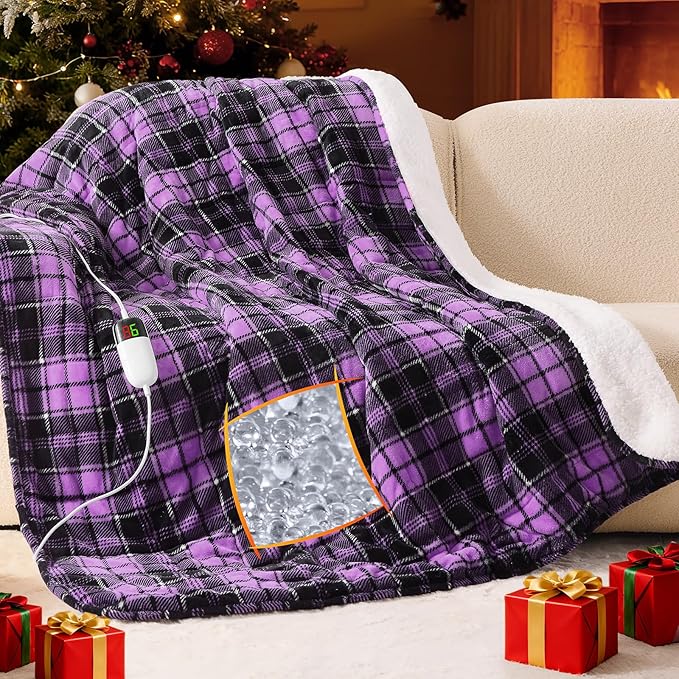 Purple Heated Weighted Blanket for Adults 20Lbs Queen Size 60"x80", 2-in-1 Electric Heating Pad Lap Heavy Blanket for 190-210lbs for Bed, 10 Level 8H Auto Off, Cozy Birthday Gifts for Women Mom Senior