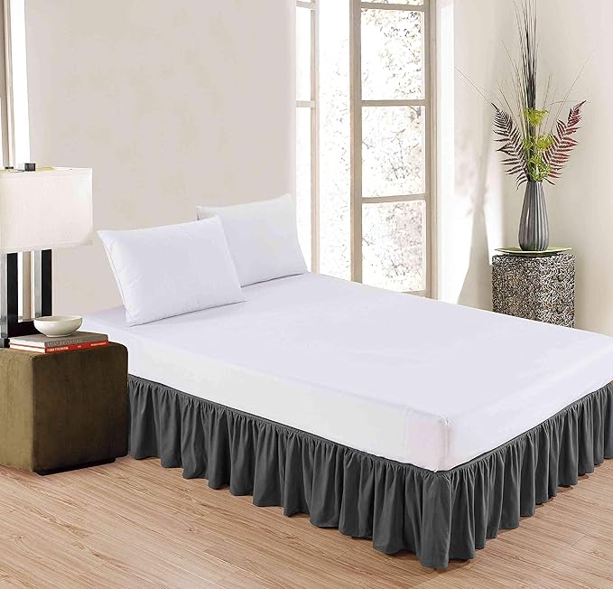 Sheets & Beyond Wrap Around Solid Microfiber Luxury Hotel Quality Fabric Bedroom Gathered Ruffled Bedding Bed Skirt 14 Inch Drop (Full, Charcoal)