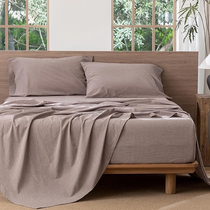 MooMee Bedding Sheet Set 100% Washed Cotton Linen Like Textured Breathable Durable Soft Comfy (Heathered Mauve Brown, Full)