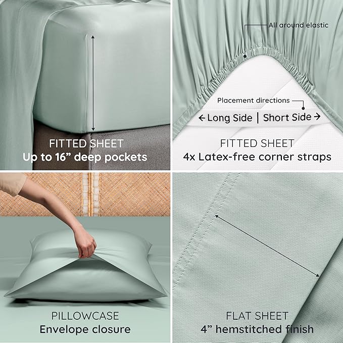 Bambaw King Sheet Set 6pcs – 100% Viscose Derived from Bamboo Sheets King Size Deep Pocket, Fits Up to 16'' with Elastic Corner Straps, Soft Cooling Sheets for Hot Sleepers (Sea Glass)