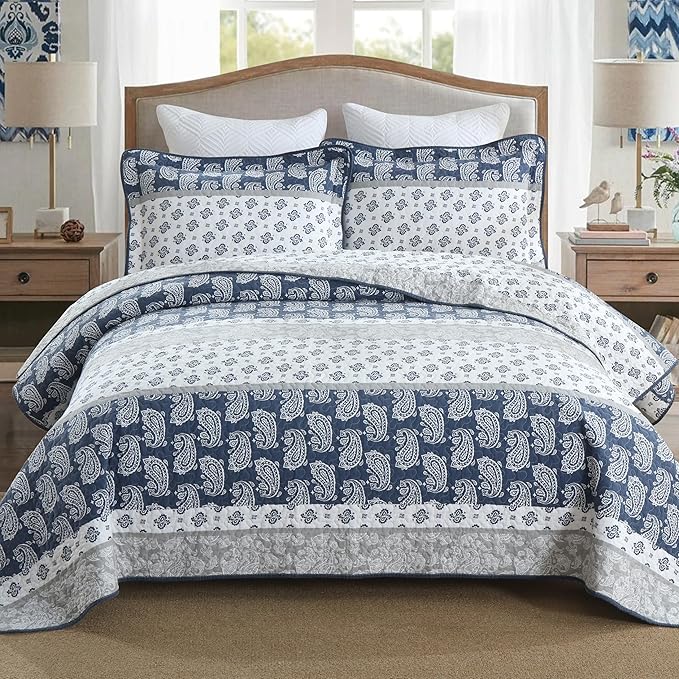 Quilt King Size, Cotton Comforter King Size,Navy Grey White Bedding Set, Farmhouse Striped Bedspread, Luxury Bed Set Bedroom for All Seasons 3 Piece