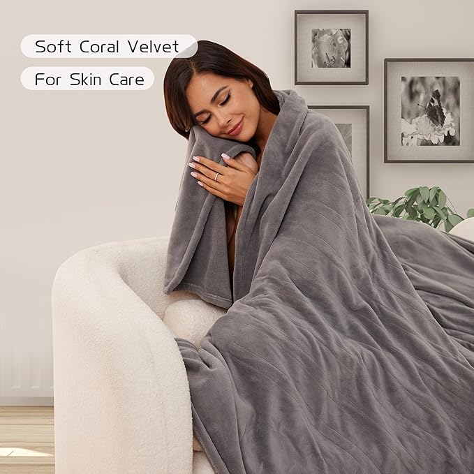 Electric Heated Blanket 50"x60" Throw Size, Soft Coral Fleece with 4 Heating Levels and 3 Hours Auto-Off, Machine Washable, Cozy Plush Fabric for Home, Light Grey