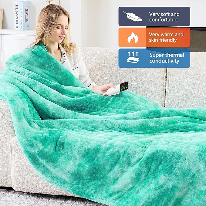 greenoak Heated Electric Blanket Throw, Faux Fur Sherpa Heating Blanket for Sofa Bed, Warm Winter Gifts for Women/Her, Heater Lap Blankets 5-Position Timer &10 Heating Levels 62''*84" Aqua