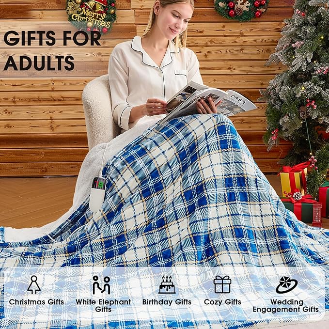 Heated Blanket Electric Throw 50X60, Heating Throw with 10 Levels 8 Hours Auto Off, Blue Plaid Sherpa Blanket Winter Warmer, Christmas Housewarming Gifts for Women Mom, Home Decor for Couch Bed Office