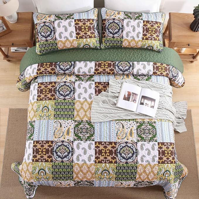 WONGS BEDDING Boho Quilt Set King Size, Plaid Patchwork Bedspread Bedding Set Soft Microfiber Quilt for King Bed Reversible 3 Pieces Coverlet Set for All Season (Brown Olive 104"x90")