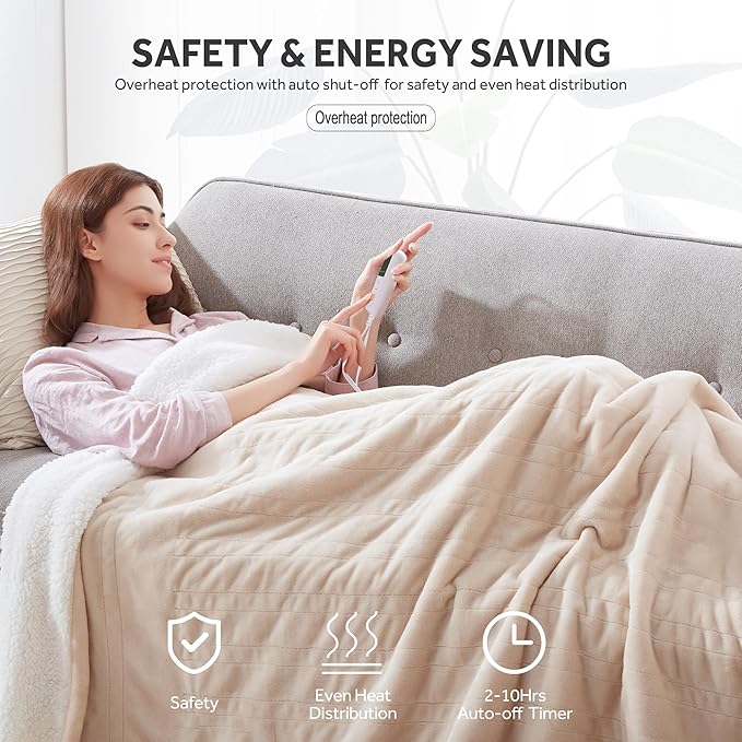 Heated Blanket Electric Blanket Queen Size Soft Flannel Sherpa, 6 Heat Levels Fast Heating, 2 to 10 Hours Auto-Off Detachable Controller Machine Washable, Beige 84"x90"