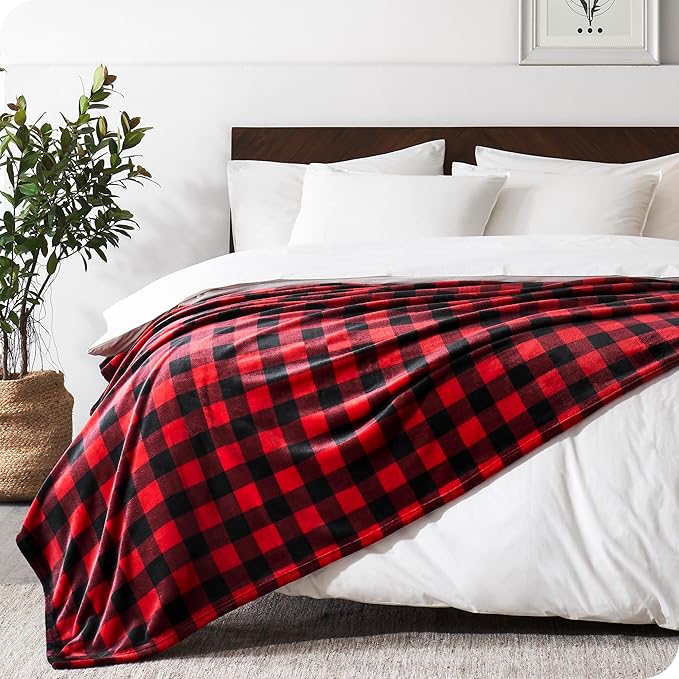 Bare Home Fleece Blanket - King Size - Ultra-Soft Lightweight for Bed, Sofa, and Couch - Luxury Microplush - Cozy Warm Blanket (King, Buffalo Plaid - Red/Black)