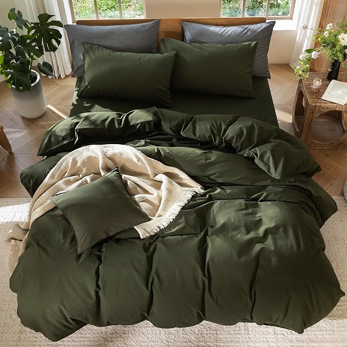 MooMee Bedding Duvet Cover Set 100% Washed Cotton Linen Like Textured Breathable Durable Soft Comfy (Solid Olive Green, Palatial King/Oversized King 120"x98")
