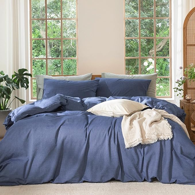 MooMee Bedding Duvet Cover Set 100% Washed Cotton Linen Like Textured Breathable Durable Soft Comfy (Heathered Blue, Super King Plus 120"x120")