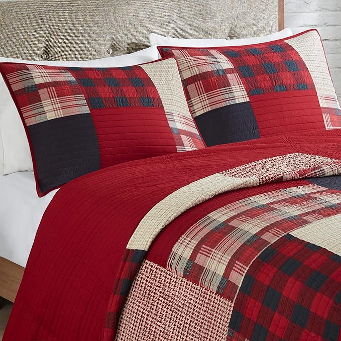 Woolrich Sunset Reversible Quilt Set - Cottage Styling Reversed to Solid Color, All Season Lightweight Coverlet, Cozy Bedding Layer, Matching Shams, Oversized Full/Queen, Plaid Red 3 Piece
