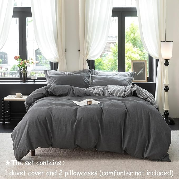 Reversible Duvet Cover Set 100% Washed Cotton Dark Grey Pinstripe Linen Feel Duvet Cover King Size with Zipper Closure & 2 Pillow Shams,Dark Grey/White Pinstripe Reverse Solid Dark Grey