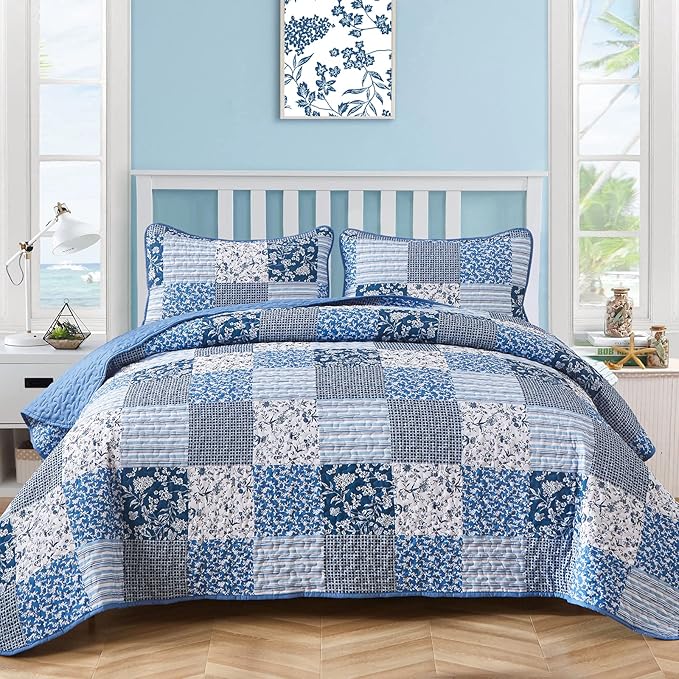 Mybedsoul Blue Boho Quilt Set Queen Size,3 Pieces Plaid Floral Bedspread Coverlet Set for All Season,Patchwork Reversible Bedding Set Queen 90"x96"
