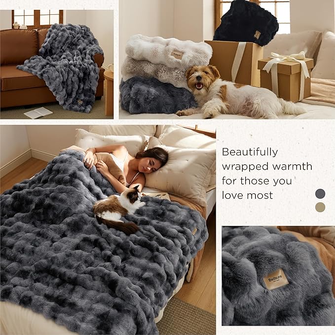 Bedsure GentleSoft Fluffy Faux Fur Throw Blanket, Fuzzy Soft Bubble Blanket for Couch, Faux Fur Decor for Home Bedroom Living Room, Thick Furry Cozy Gifts for Women, Tie-dye Grey, 50x60 Inch
