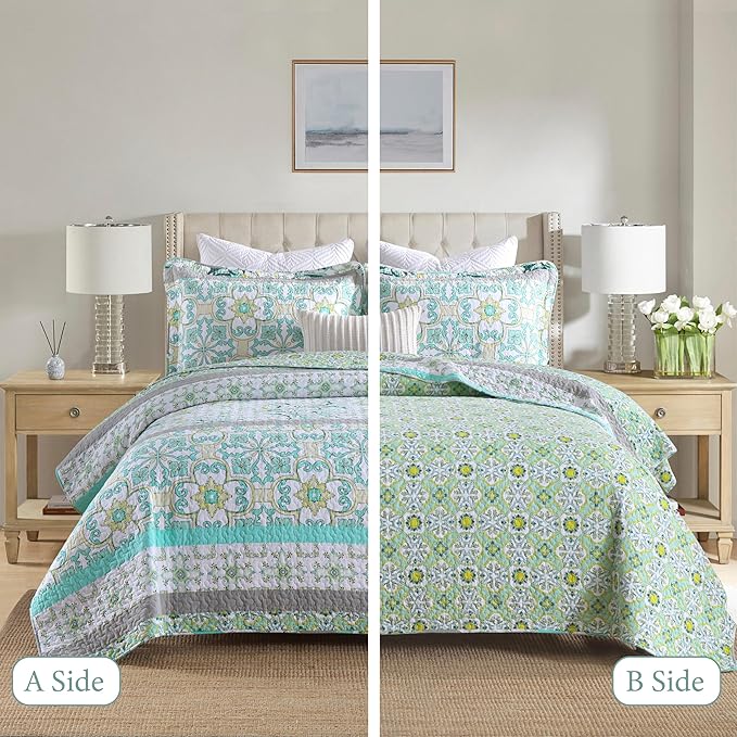 Homzard Sage Green Quilt King Size, Green Floral Quilt King，Cotton Comforter Set (106 * 98 Inches)