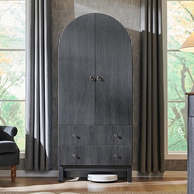 71" Tall Arched Bathroom Storage Cabinet, Modern Fluted Cabinet Storage with 4 Shlves and 2 Drawers, Floor Cabinet for Bathroom, Living Room, Kitchen, Dark Gray