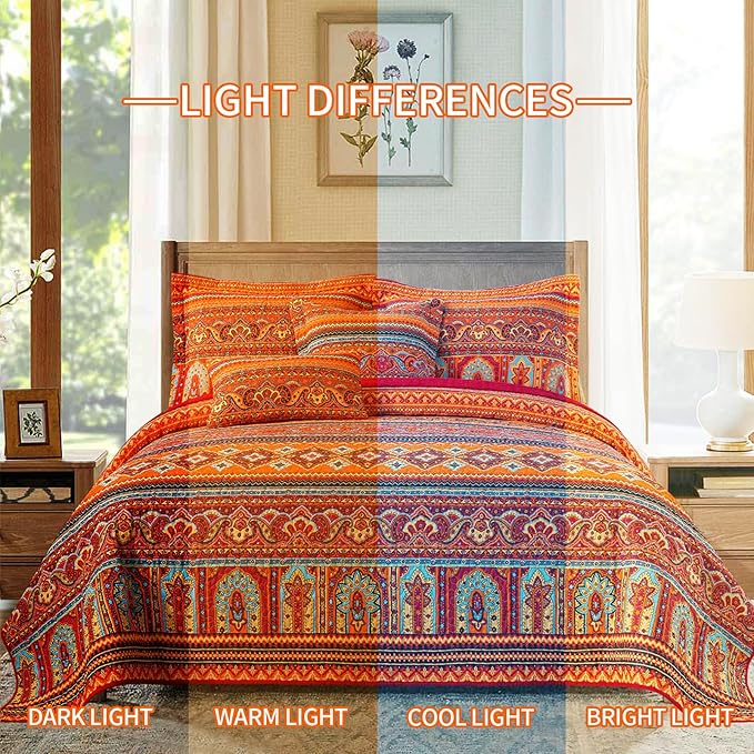 BEDIFANY Cotton Quilts Queen Size Set - Lightweight Bedspreads Queen Size - Soft Colorful Orange Quilted Quilt Bedding Sets (90 * 98 Inch) with 2 Pillow Shams for Bed Decoration Coverlet, 3 Pieces