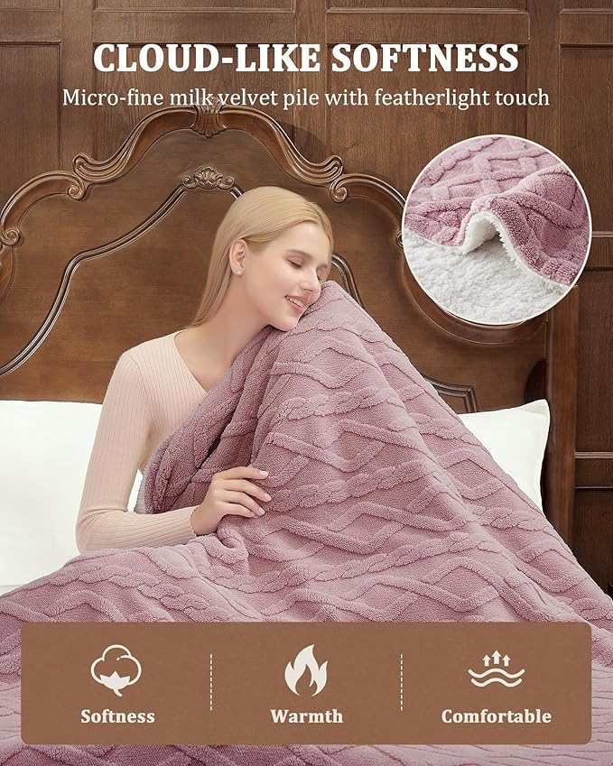 CAROMIO Electric Blanket Twin Size - Thick Tufted Sherpa Heated Blanket Twin with 6 Heating Levels and 8 Time Settings, UL Certified Machine Washable Fast Heating Blanket Twin 62"×84", Dusty Pink