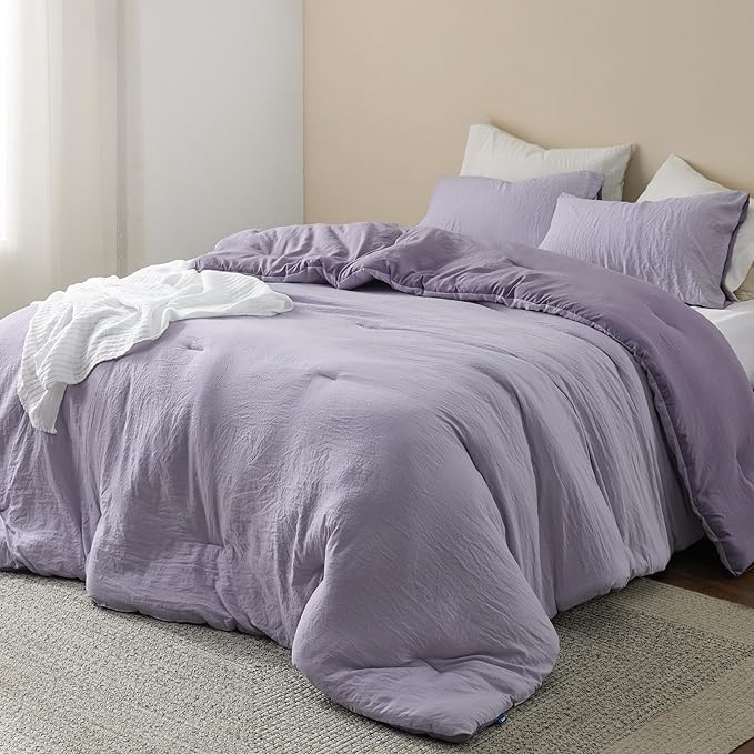 Bedsure Queen Size Comforter Set, Reversible Purple Soft Prewashed Bedding for All Seasons, 3 Pieces Warm Down Alternative Bed Set, 1 Lightweight Comforter (90"x90") and 2 Pillowcases (20"x26")