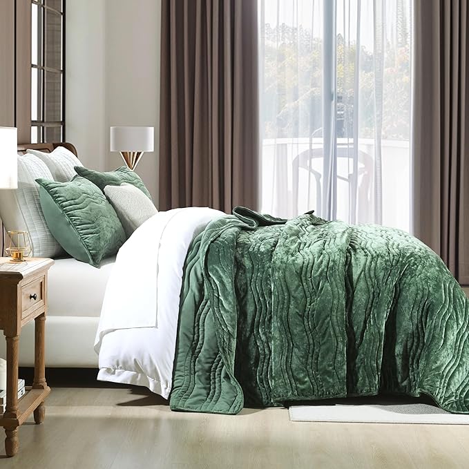 Luxury Velvet Queen Comforter Set, Green Queen Size Comforter Sets, Emerald Green Queen Quilt Bedding Set, Luxurious Plush Bedspreaqd Sets,Soft Lightweight Bedding for All Season