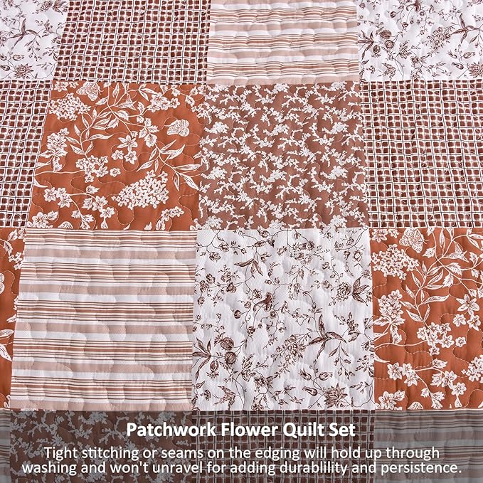 Mybedsoul Burnt Orange Quilt Set Queen Size, 3 Pieces Boho Plaid Terracotta Floral Bedspread Set Microfiber Lightweight Bohemian Bedding Bedspread Coverlet Set for All Season 90"x96"