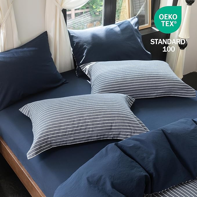 Reversible Duvet Cover Set 100% Washed Cotton Blue Stripe Linen Feel Duvet Cover King Size with Zipper Closure & 2 Pillow Shams,Navy/White Stripe Reverse Solid Navy