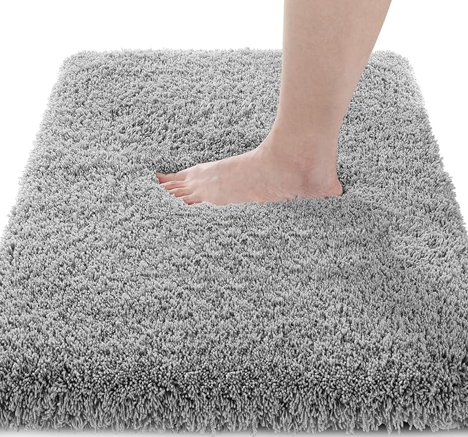 Yimobra Fluffy Plush Bath Rug, Super Shaggy Soft Comfortable Non Slip, Water Absorbent Microfiber Bath Mat, Dries Quickly, Machine Washable Thick Bathroom Rugs for Shower, 56"x 24", Pure Gray