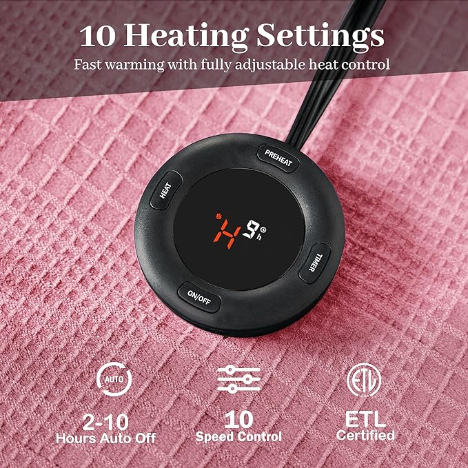 Electric Blanket Queen Size 84''X90'' - Heated Blanket with Dual Control Fast Heating 10 Heating Levels & 10 Hours Auto Off,ETL Certified Machine Washable (Light Pink)