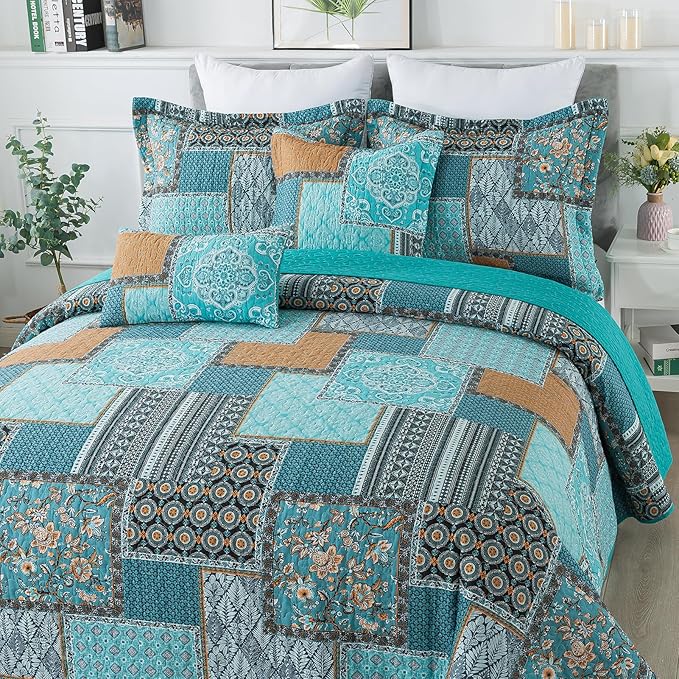 BEDIFANY Cotton Queen Size Quilt, Lightweight Bedspread Queen Size, Teal, Quilted Coverlets Queen Quilt Bedding Sets for Bed Decorations for All Seasons. 3 Pieces