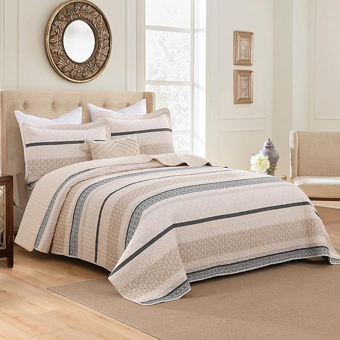 Homzard King Size Comforter Set, Cotton Quilt, Beige and Grey Bedding Set,Lightweight Striped Bedspread, Reversible Coverlet King Size (106"X98") with 2 Pillow Shams All Season