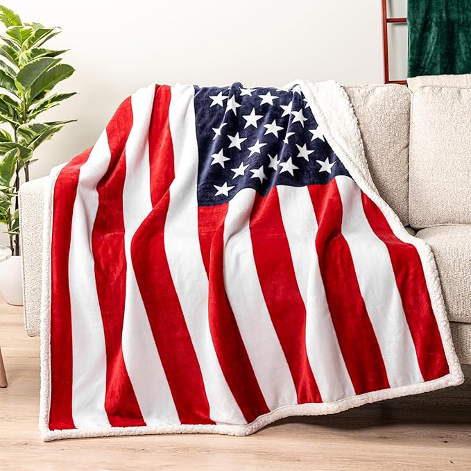 Pavilia Patriotic Blanket - American Flag Throw Blanket for Sofa Couch Bed, Soft Microfiber Sherpa Fleece Reversible, USA Military Veteran July 4th Gift - 50 x 60 Inches