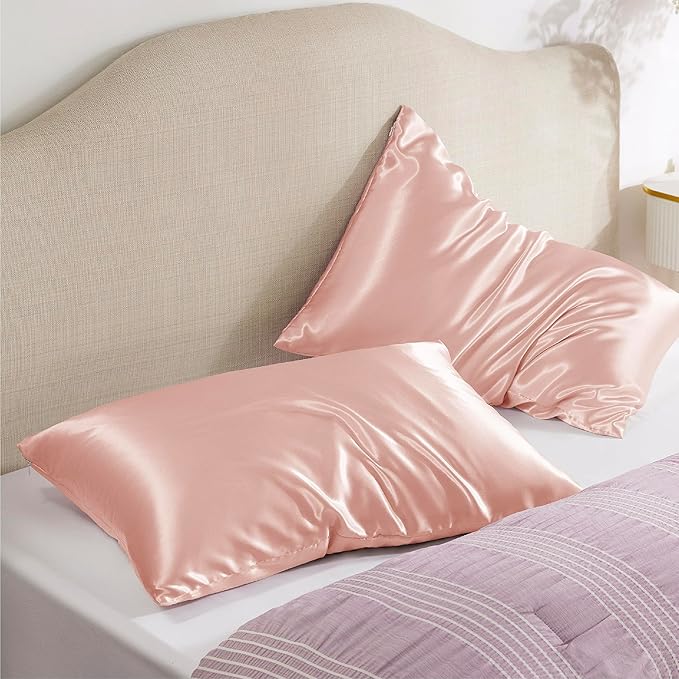 Bedsure Satin Pillowcase with Zipper, Similar to Silk Pillow Cases 2 Pack, Silky & Soft Satin Pillow Cases Standard Size for Hair and Skin, Peach Pink Pillow Covers, Gifts for Women Men, 20x26 Inches