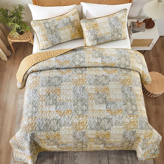 Mybedsoul Yellow Boho Quilt Set King Size 3 Pieces Grey and Yellow Plaid Floral Bedding Set Microfiber Lightweight Bohemian Patchwork Bedspread Coverlet Set for All Season 90"x104"