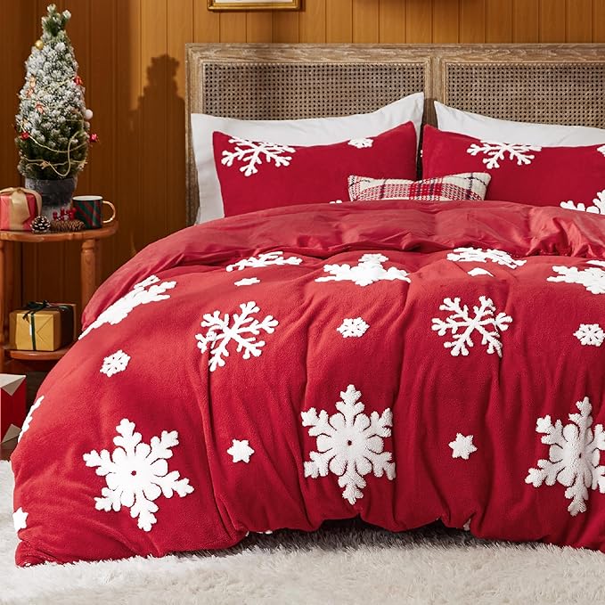 Bedsure Fluffy Duvet Cover Set - Ultra Soft Plush Shaggy Comforter Cover Queen Size, Warm Flannel Fleece Bed Sets for Winter, 3 Pieces, Snowflake Pattern, Red