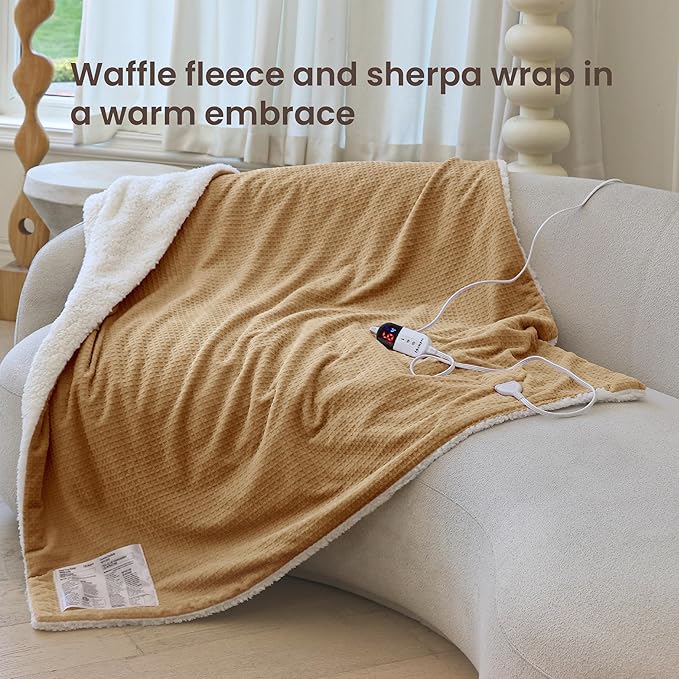 Heated Blanket Electric Throw Waffle, 50x60 Inches Sherpa Fleece Fast Heating Blanket 6 Heating Levels & 4 Hours Auto Off ETL Certification, Caramel Throw