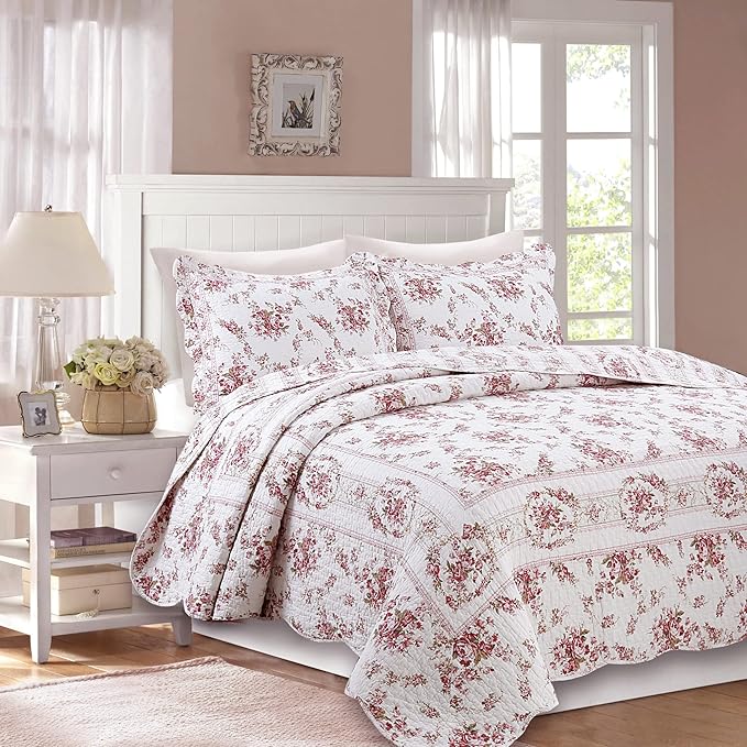 Cozy Line Home Fashions 100% Cotton Quilt Bedding Set, Pink Floral Reversible Coverlet Bedspread (Vintage Rose, Queen - 3 Piece)