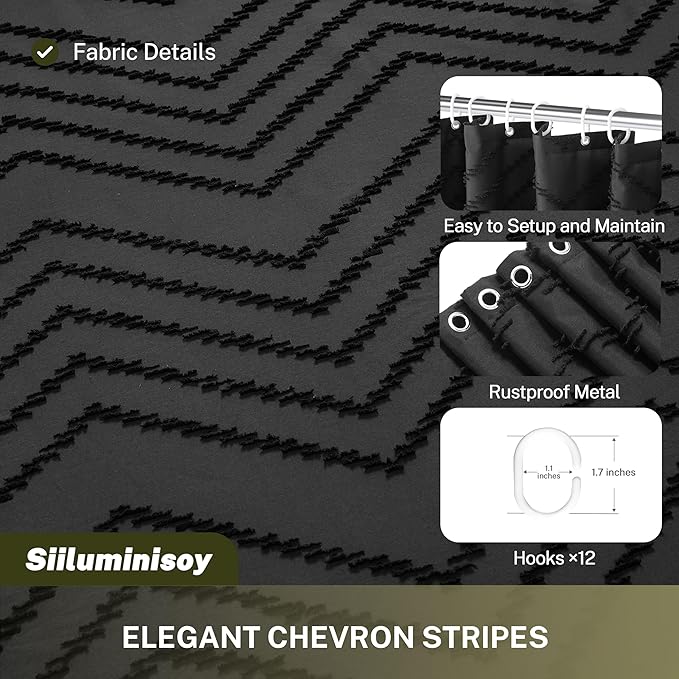 Extra Long Black Boho Chevron Shower Curtain with Tassel, Woven Fabric Shower Curtain, 72 x 96, Tufted Striped, Modern Chic Textured Shower Curtain Set Minimalist Bathroom Decor