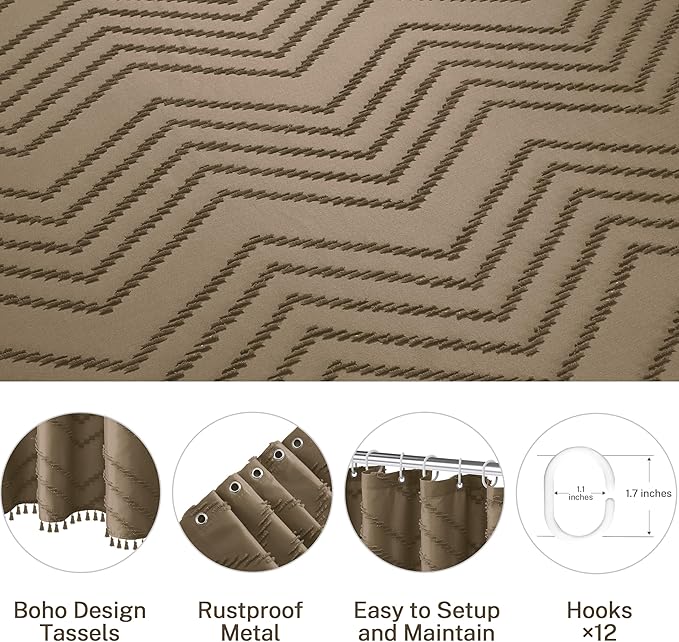 Extra Long Boho Shower Curtain, Woven Fabric 84 in Khaki, 72 x 84, Tufted Chevron Striped Modern Chic Textured Minimalist Bathroom Shower Curtain