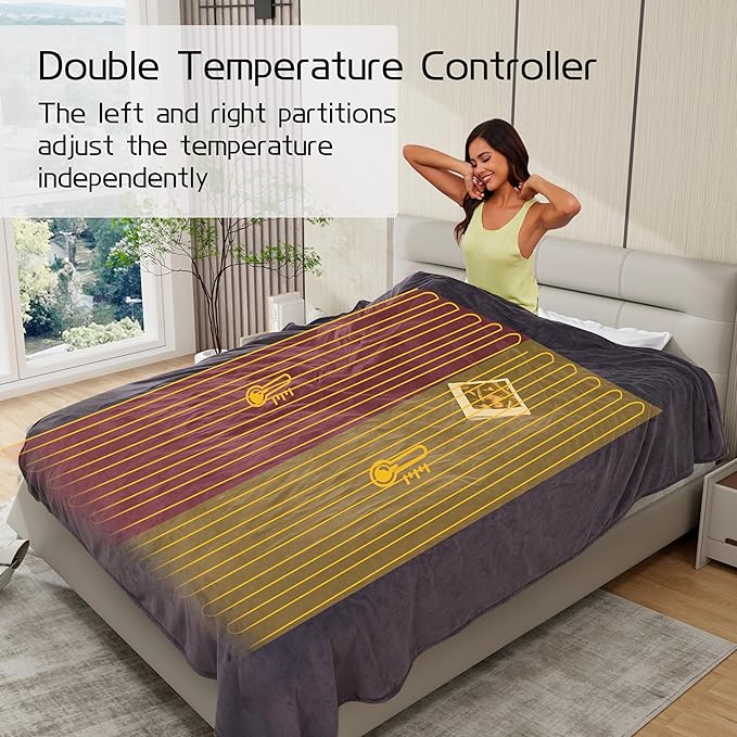 Electric Heated Blanket 84"x90" Queen Size, Soft Coral Fleece, Dual Controllers with 4 Heating Levels and 10 Hours Auto-Off, Machine Washable, Cozy Plush Fabric for Home, Dark Grey
