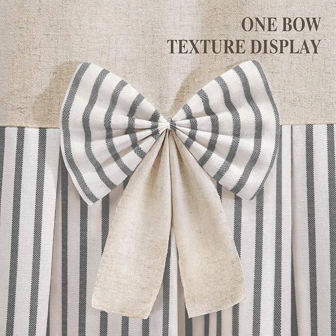 Farmhouse Shower Curtain Linen Bow Woven Fabric Country Rustic Western, Pleated Grey Stripe 72" W x 78" L