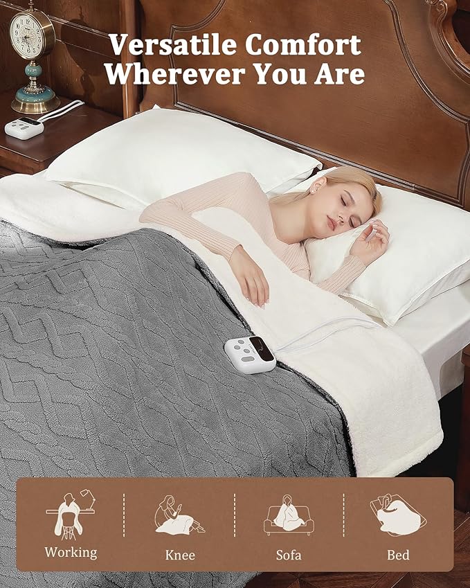 CAROMIO Electric Blanket Full Size - Thick Tufted Sherpa Heated Blanket Full Size with 10 Heating Levels and 10 Time Settings, ETL Certified Machine Washable Fast Heating Blanket Full 72"×84", Grey