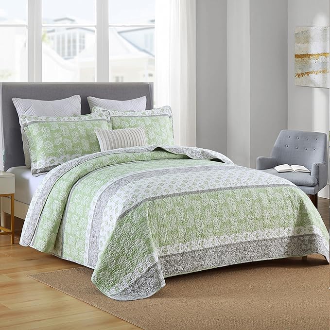 Quilts Queen Size, Cotton Comforter Set, Sage Green Bedding Queen Size, Farmhouse Striped Bedspreads, Lightweight All Seasons 3 Piece