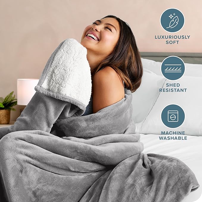 Bare Home Sherpa Fleece Blanket - King Size - Blanket for Bed, Sofa, and Couch - Warm & Lightweight - Fluffy & Soft - Reversible (King, Light Grey)