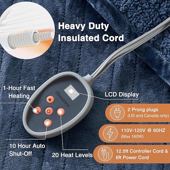 Beautyrest Auto Shut Off, Virtually Zero EMF, Multi Heat Setting, UL Certified, Machine Washable Reversible Microlight to Sherpa Electric Blanket, Full, Indigo