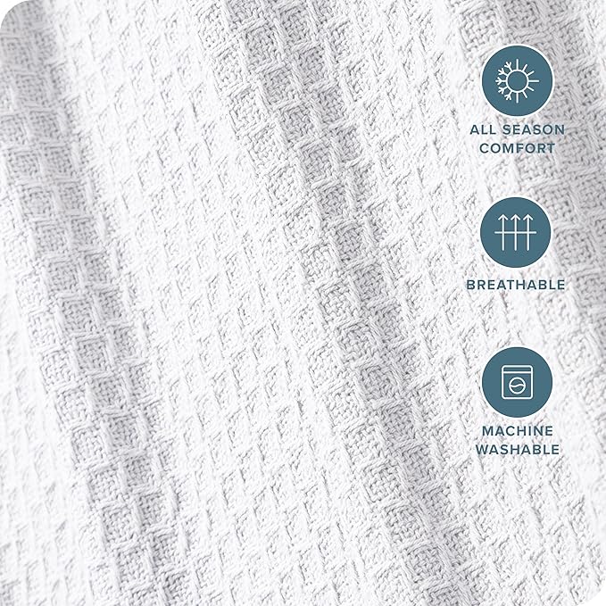Bare Home White Waffle Blanket, Throw Size 44Wx66L, 100% Cotton, Soft & Breathable for All Seasons, Lightweight, Perfect for Layering Bed, Sofa & Couch (Throw/Travel, White)