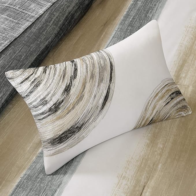 Madison Park Essentials Queen Comforter Set, Bed in a Bag Queen, Watercolor Print Coastal Comforter & Chambray Cotton Sheet Set, All Season Bedding Set, Saben, Taupe Queen (90 in x 90 in) 9 Piece