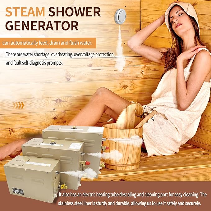 Steam shower generator,15kw Household-Commercial,Steam shower generator kit,with self-draining system,Temperature adjustable 95-131°F,Applicable space 420～560ft3