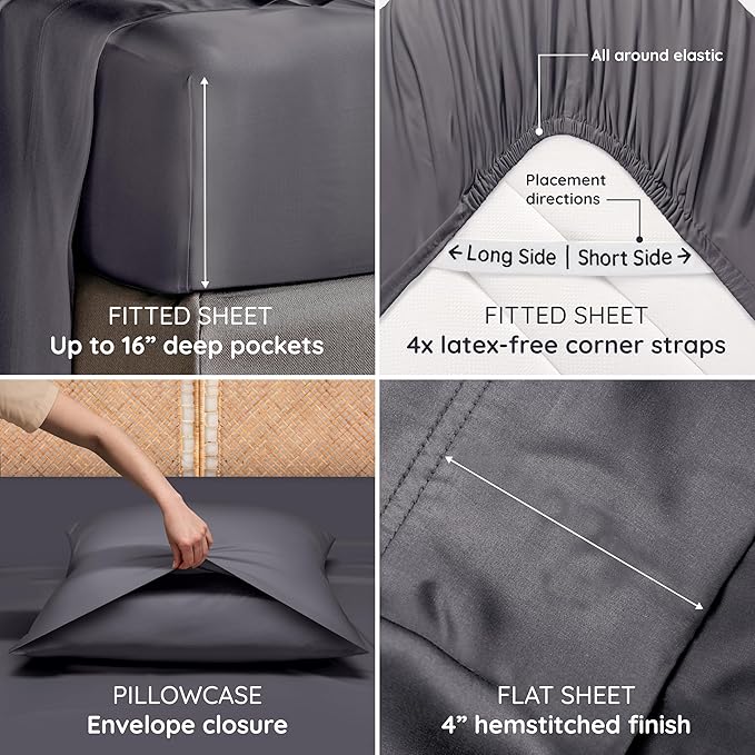 Bambaw 100% Viscose Derived from Bamboo Sheets King Size Set – 4pcs Cooling Deep Pocket King Sheet Set, Fits Up to 16'' with Elastic Corner Straps, Super Soft Sheets, Luxury Bedding (Charcoal)