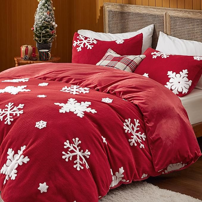 Bedsure Fluffy Duvet Cover Set - Ultra Soft Plush Shaggy Comforter Cover Queen Size, Warm Flannel Fleece Bed Sets for Winter, 3 Pieces, Snowflake Pattern, Red