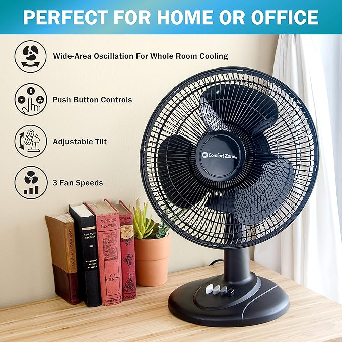 Comfort Zone Oscillating Table Fan with Adjustable Tilt, Convenient Push Button Controls, Quiet, 12 inch, 3 Speed, Desk Fan, Airflow 7.25 ft/sec, Ideal for Home, Bedroom, Dorm & Office, CZ121BK